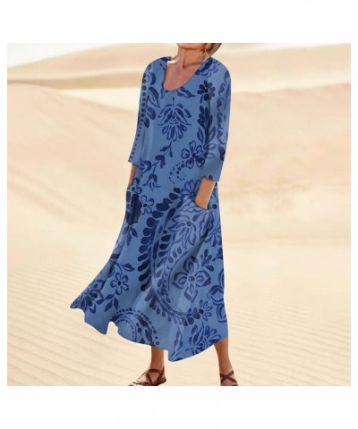 Vacation Dresses for Women Soft 3/4 Sleeve Floaty Popular Loose Linen Comfort Flower Print Women Dresses 02 Blue $9.36 Active...