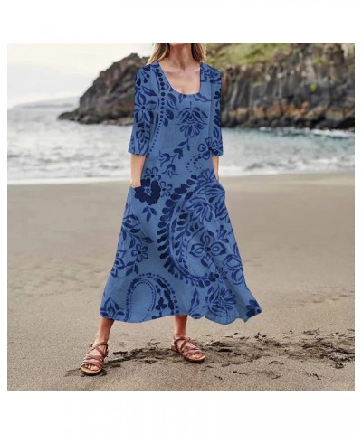 Vacation Dresses for Women Soft 3/4 Sleeve Floaty Popular Loose Linen Comfort Flower Print Women Dresses 02 Blue $9.36 Active...