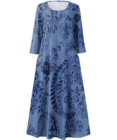 Vacation Dresses for Women Soft 3/4 Sleeve Floaty Popular Loose Linen Comfort Flower Print Women Dresses 02 Blue $9.36 Active...