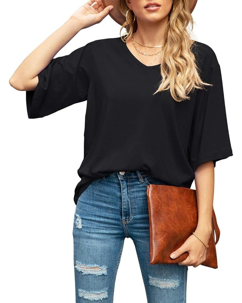 Women's Blouse Tops Loose V Neck 3/4 Bell Sleeve Shirt A-01- Black $11.04 Tops