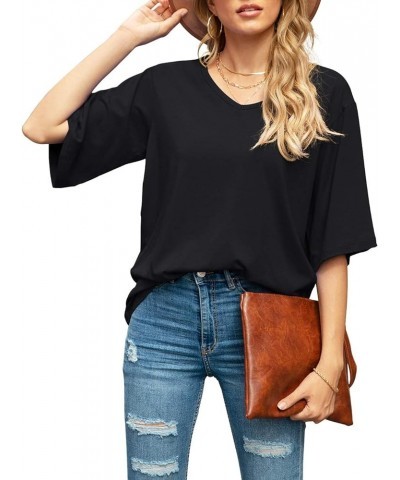 Women's Blouse Tops Loose V Neck 3/4 Bell Sleeve Shirt A-01- Black $11.04 Tops