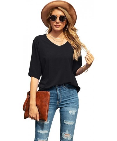 Women's Blouse Tops Loose V Neck 3/4 Bell Sleeve Shirt A-01- Black $11.04 Tops