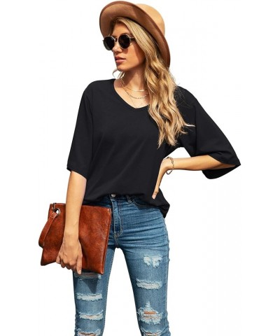 Women's Blouse Tops Loose V Neck 3/4 Bell Sleeve Shirt A-01- Black $11.04 Tops