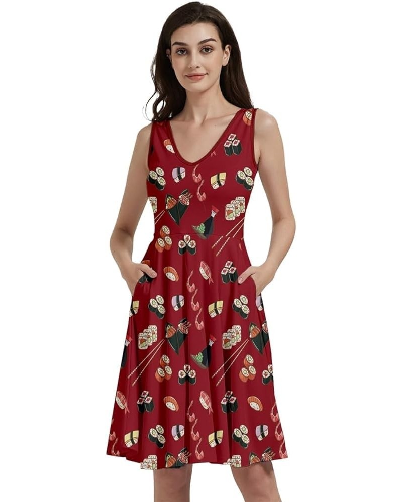 Womens Summer Sun Dress Japanese Style Sushi Goldfish Fan Dragon Fuji Pattern Skater Dress, XS-5XL Vneck Red $16.19 Others