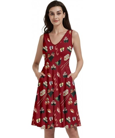 Womens Summer Sun Dress Japanese Style Sushi Goldfish Fan Dragon Fuji Pattern Skater Dress, XS-5XL Vneck Red $16.19 Others