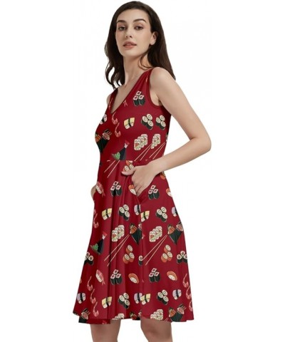 Womens Summer Sun Dress Japanese Style Sushi Goldfish Fan Dragon Fuji Pattern Skater Dress, XS-5XL Vneck Red $16.19 Others