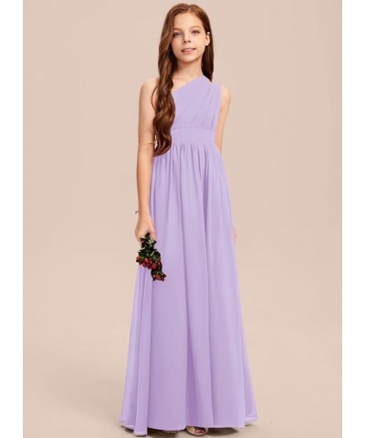 A-line One Shoulder Floor-Length Chiffon Junior Bridesmaid Dress for Wedding Teen Girls Party Gowns Lilac $30.00 Dresses