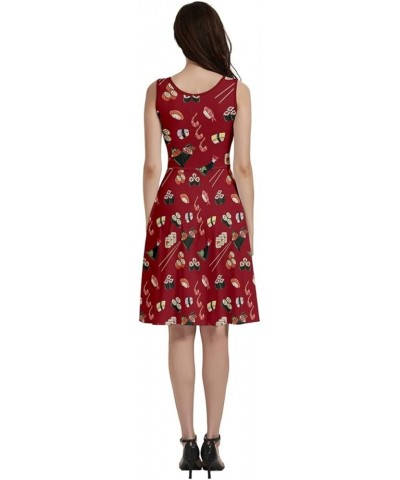 Womens Summer Sun Dress Japanese Style Sushi Goldfish Fan Dragon Fuji Pattern Skater Dress, XS-5XL Vneck Red $16.19 Others