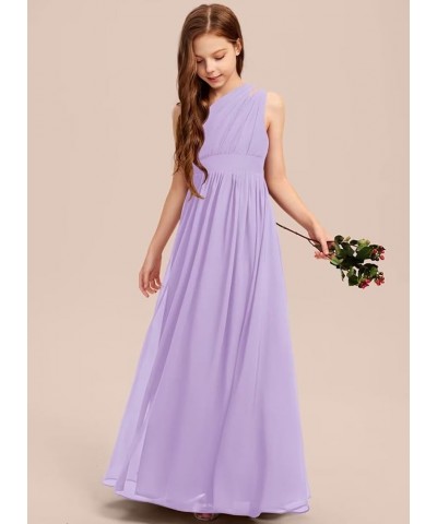 A-line One Shoulder Floor-Length Chiffon Junior Bridesmaid Dress for Wedding Teen Girls Party Gowns Lilac $30.00 Dresses