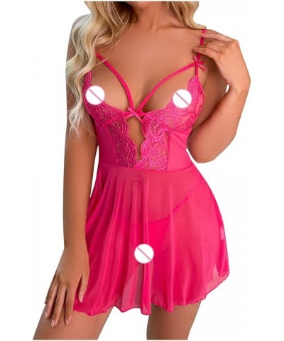 Women See Through Lingerie Sexy Lace Mesh Strap Mini Nightdress Chemise Babydoll Negligee Exotic Sleepwear Pajamas Hot Pink $...