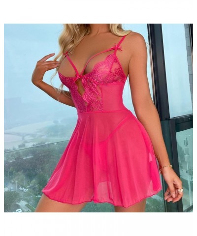 Women See Through Lingerie Sexy Lace Mesh Strap Mini Nightdress Chemise Babydoll Negligee Exotic Sleepwear Pajamas Hot Pink $...