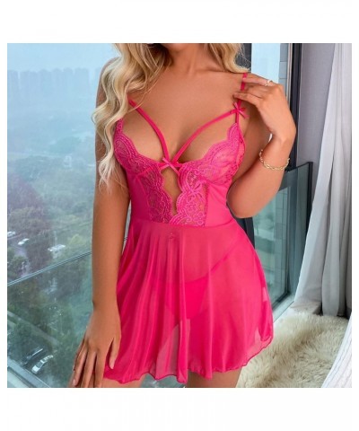 Women See Through Lingerie Sexy Lace Mesh Strap Mini Nightdress Chemise Babydoll Negligee Exotic Sleepwear Pajamas Hot Pink $...