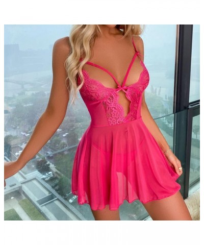 Women See Through Lingerie Sexy Lace Mesh Strap Mini Nightdress Chemise Babydoll Negligee Exotic Sleepwear Pajamas Hot Pink $...