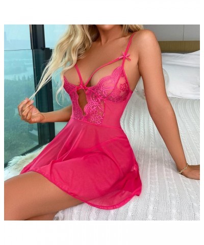 Women See Through Lingerie Sexy Lace Mesh Strap Mini Nightdress Chemise Babydoll Negligee Exotic Sleepwear Pajamas Hot Pink $...