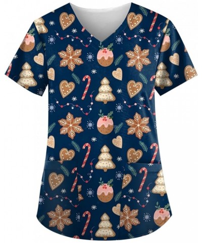 Women's Christmas Scrub Tops Cute Snowman Print Short Sleeve V Neck Shirts Anti Wrinkle Nursing Uniform Holiday Tops D-blue $...