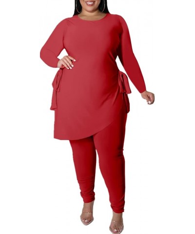 Plus Size 2 Piece Outfits for Women Pants Sets Sexy Elegant Long Sleeve Split Shirt Bodycon Casual tracksuits Red 9176 $19.13...