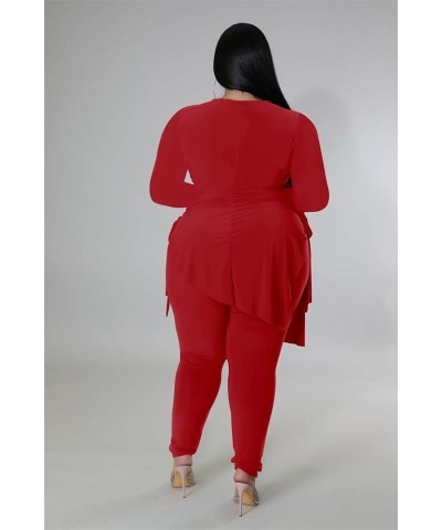 Plus Size 2 Piece Outfits for Women Pants Sets Sexy Elegant Long Sleeve Split Shirt Bodycon Casual tracksuits Red 9176 $19.13...