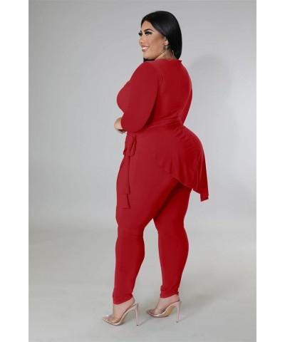 Plus Size 2 Piece Outfits for Women Pants Sets Sexy Elegant Long Sleeve Split Shirt Bodycon Casual tracksuits Red 9176 $19.13...