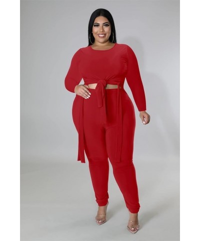 Plus Size 2 Piece Outfits for Women Pants Sets Sexy Elegant Long Sleeve Split Shirt Bodycon Casual tracksuits Red 9176 $19.13...