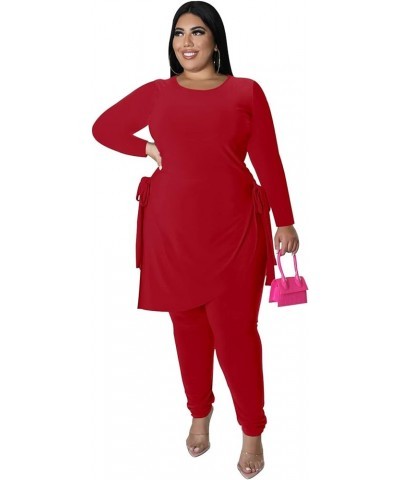 Plus Size 2 Piece Outfits for Women Pants Sets Sexy Elegant Long Sleeve Split Shirt Bodycon Casual tracksuits Red 9176 $19.13...