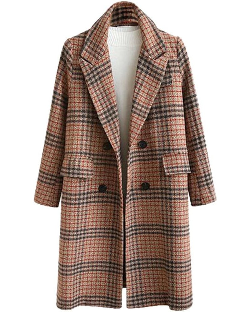 Women's Winter Oversize Lapel Collar Woolen Plaid Double Breasted Long Peacoat Jacket Camel $38.33 Coats