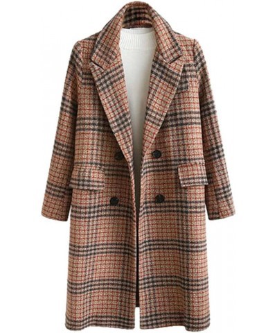 Women's Winter Oversize Lapel Collar Woolen Plaid Double Breasted Long Peacoat Jacket Camel $38.33 Coats