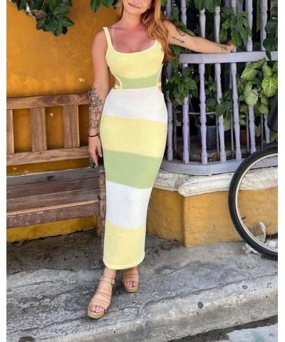 Women Bodycon Backless Cut Out Maxi Dress Sexy Colorblock Knit Long Midi Dress Y2k Cocktail Party Summer Cami Dress Colorbloc...