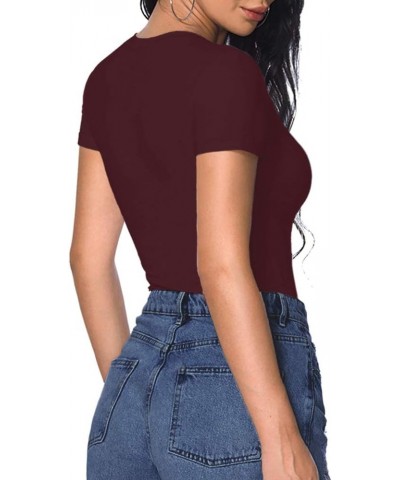 Womens Deep V Neck Short Sleeve Long Sleeve Slim Fit T Shirt Tops Tee Short Sleeve Short Sleeve Burgundy $10.24 T-Shirts