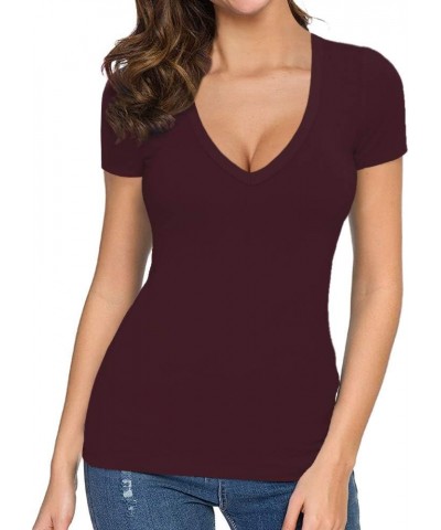 Womens Deep V Neck Short Sleeve Long Sleeve Slim Fit T Shirt Tops Tee Short Sleeve Short Sleeve Burgundy $10.24 T-Shirts