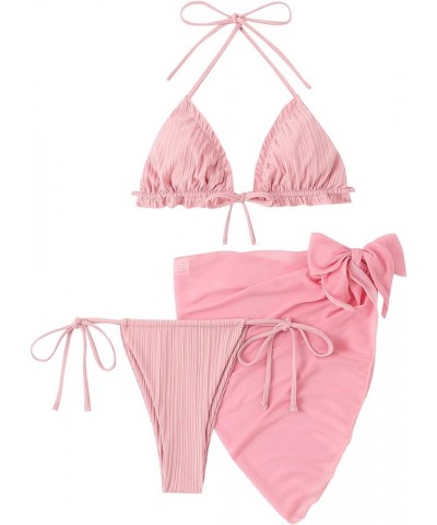 Women's 3 Piece Swimsuits Triangle Bikini Set Bathing Suits with Mesh Cover Up Beach Skirt Solid Pink Pure $15.60 Swimsuits