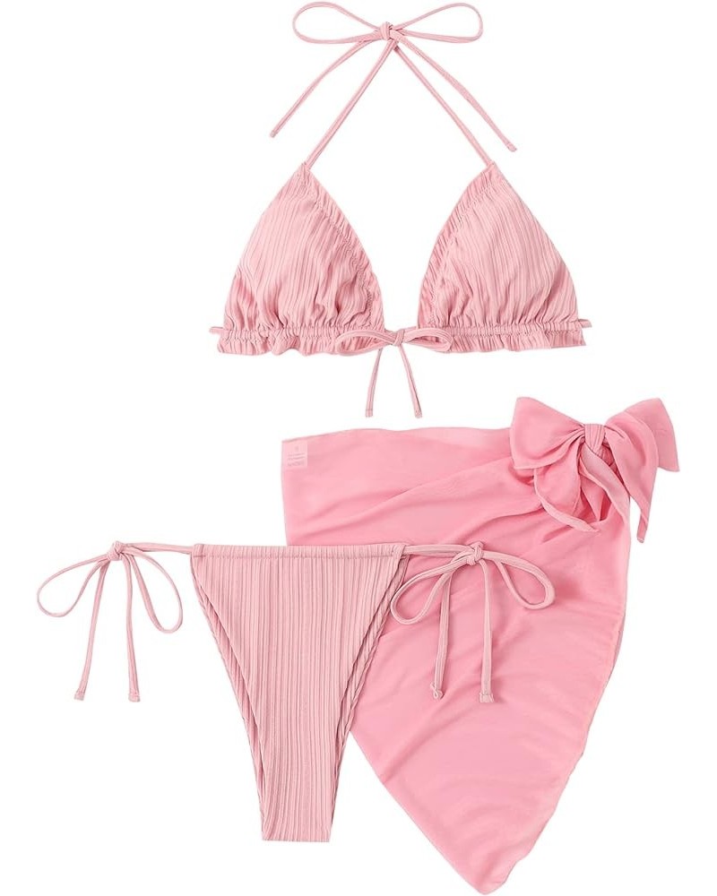 Women's 3 Piece Swimsuits Triangle Bikini Set Bathing Suits with Mesh Cover Up Beach Skirt Solid Pink Pure $15.60 Swimsuits