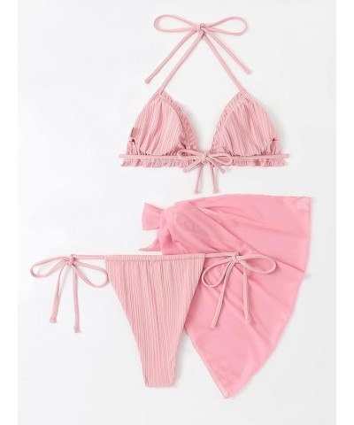 Women's 3 Piece Swimsuits Triangle Bikini Set Bathing Suits with Mesh Cover Up Beach Skirt Solid Pink Pure $15.60 Swimsuits