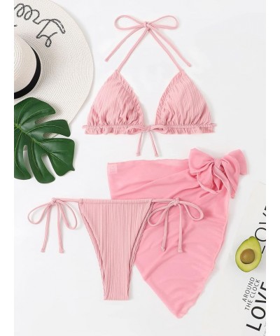 Women's 3 Piece Swimsuits Triangle Bikini Set Bathing Suits with Mesh Cover Up Beach Skirt Solid Pink Pure $15.60 Swimsuits