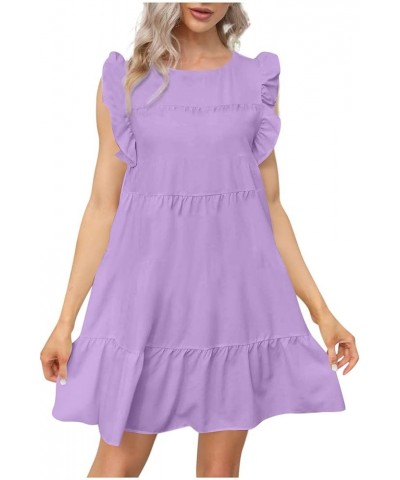 Women's Short Sleeve Dress Round Neck Casual Short Ruffle-Trim Summer Mini Dresses Petite Babydoll Dresses B-purple $13.17 Dr...