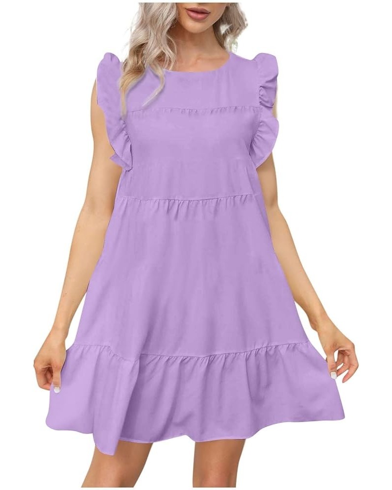 Women's Short Sleeve Dress Round Neck Casual Short Ruffle-Trim Summer Mini Dresses Petite Babydoll Dresses B-purple $13.17 Dr...