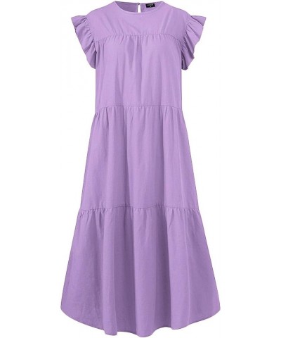 Women's Short Sleeve Dress Round Neck Casual Short Ruffle-Trim Summer Mini Dresses Petite Babydoll Dresses B-purple $13.17 Dr...