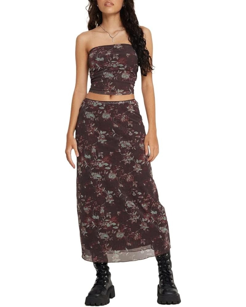 Women's Y2k Floral 2 Piece Outfits Sexy Cami Crop Top Bodycon Split Maxi Skirts Chic Midi Skirt Sets Streetwear H-brown $12.7...