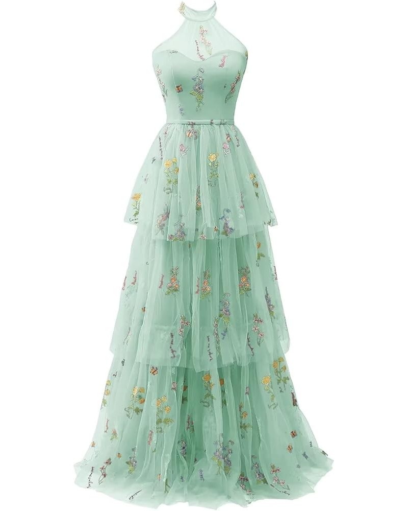 Tulle Long Prom Dresses Flower Embroidery Floor Length A-Line Formal Evening Party Gowns D-mint Green $29.40 Dresses