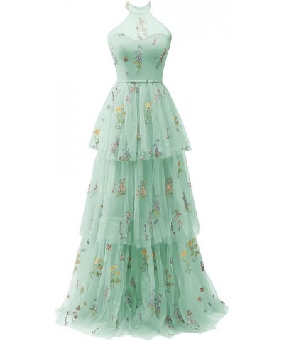 Tulle Long Prom Dresses Flower Embroidery Floor Length A-Line Formal Evening Party Gowns D-mint Green $29.40 Dresses