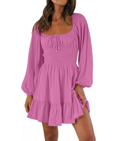 Women's Long Sleeve Mini Dresses 2024 Spring Square Neck Cottagecore Casual Smocked Flowy Short Dress Hot Pink $17.50 Dresses