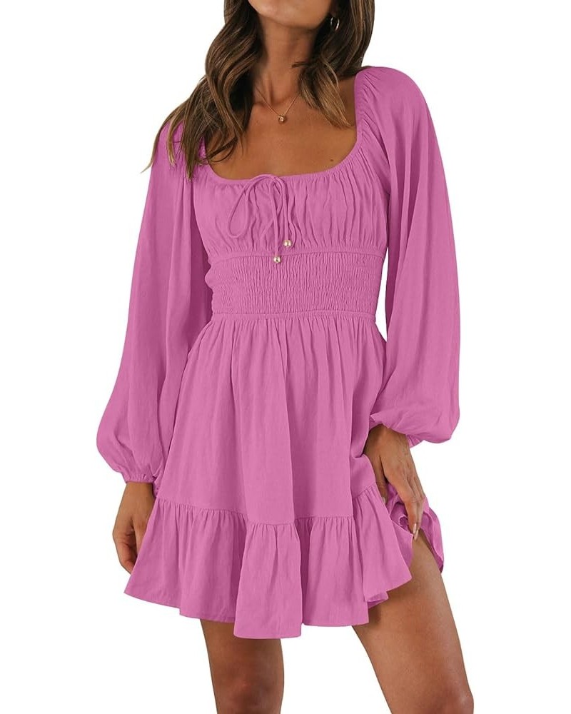 Women's Long Sleeve Mini Dresses 2024 Spring Square Neck Cottagecore Casual Smocked Flowy Short Dress Hot Pink $17.50 Dresses