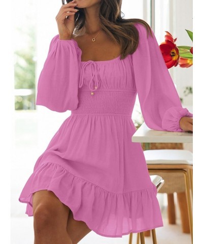 Women's Long Sleeve Mini Dresses 2024 Spring Square Neck Cottagecore Casual Smocked Flowy Short Dress Hot Pink $17.50 Dresses