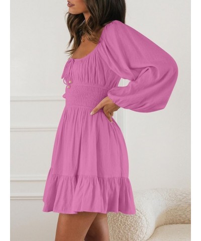 Women's Long Sleeve Mini Dresses 2024 Spring Square Neck Cottagecore Casual Smocked Flowy Short Dress Hot Pink $17.50 Dresses