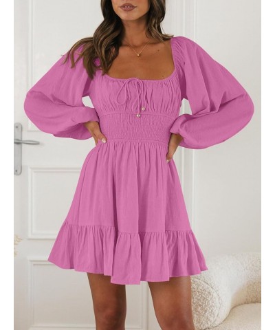 Women's Long Sleeve Mini Dresses 2024 Spring Square Neck Cottagecore Casual Smocked Flowy Short Dress Hot Pink $17.50 Dresses