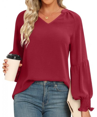 Women's Fall Winter Casual Tunic Tops Smocked Long Sleeve V Neck Blouses Fashion Loose Fit Shirts T-Shirts Wine Red $13.19 Tops