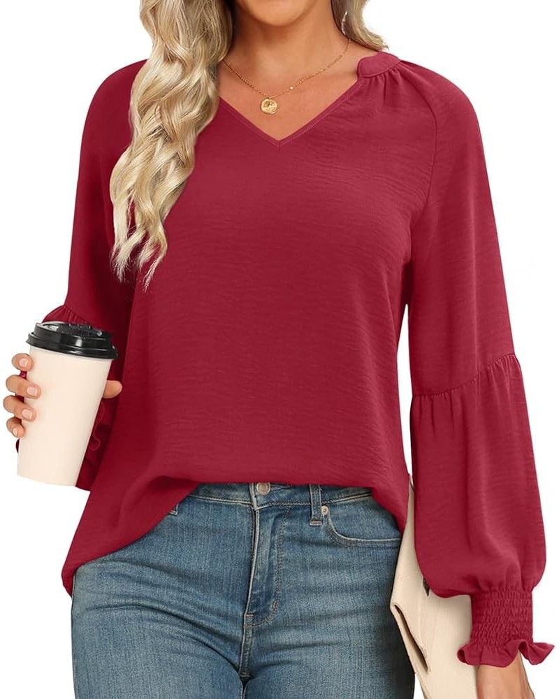 Women's Fall Winter Casual Tunic Tops Smocked Long Sleeve V Neck Blouses Fashion Loose Fit Shirts T-Shirts Wine Red $13.19 Tops