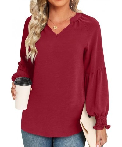 Women's Fall Winter Casual Tunic Tops Smocked Long Sleeve V Neck Blouses Fashion Loose Fit Shirts T-Shirts Wine Red $13.19 Tops