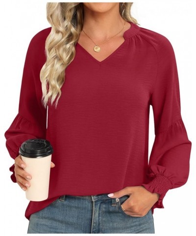 Women's Fall Winter Casual Tunic Tops Smocked Long Sleeve V Neck Blouses Fashion Loose Fit Shirts T-Shirts Wine Red $13.19 Tops