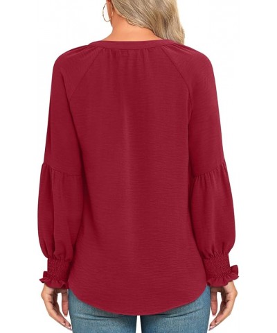 Women's Fall Winter Casual Tunic Tops Smocked Long Sleeve V Neck Blouses Fashion Loose Fit Shirts T-Shirts Wine Red $13.19 Tops