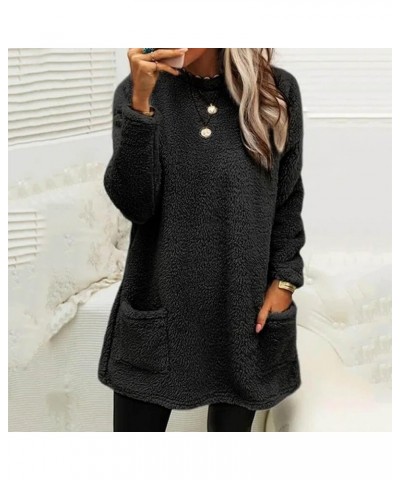 Women's Fleece Sweatshirts Long Sleeve Hoodless Pullover Tops Winter Warm Coat With Pockets Solid Color Clothes Black-k $3.74...